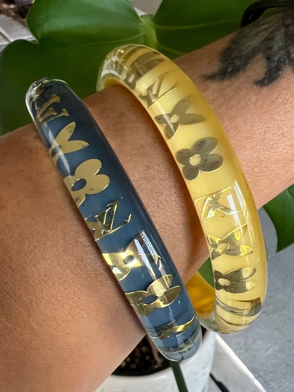 Louis Vuitton Resin Logo Bangle Bracelet - Yellow Navy & Gold -2 bracelet bundle